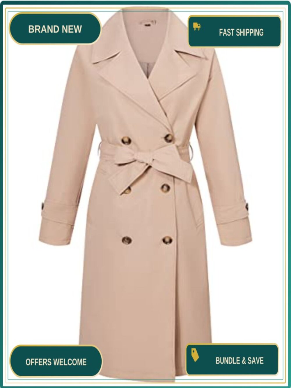 Women's Double-Breasted Water Resistant Trench Coat Belted Mid-Length